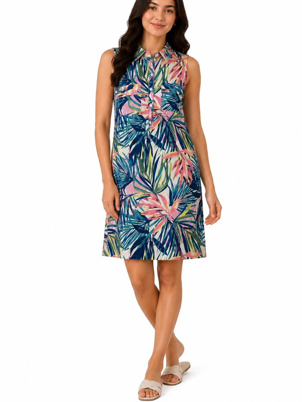 Reel Legends Mariner Tropical Palm Print Sleeveless Cover Up Dress Women’s M